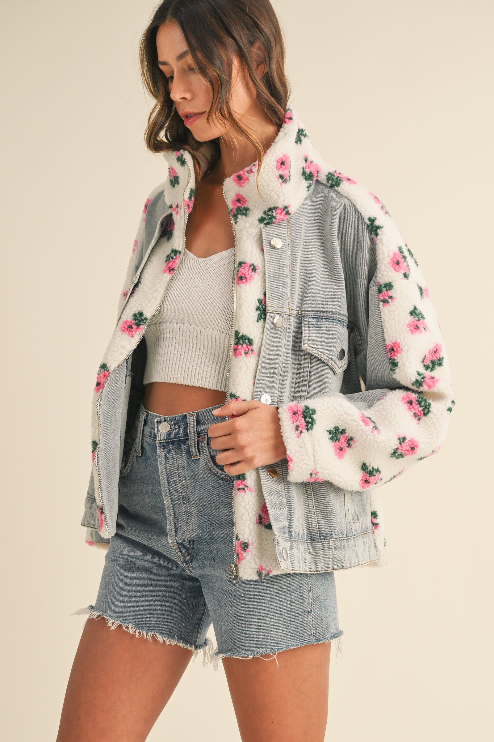 TARA FLORAL SHEARLING DENIM JACKET – Mable Clothing
