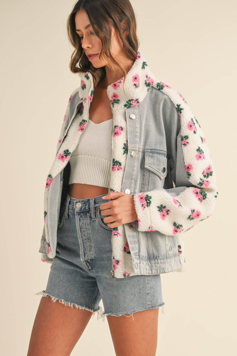 TARA FLORAL SHEARLING DENIM JACKET