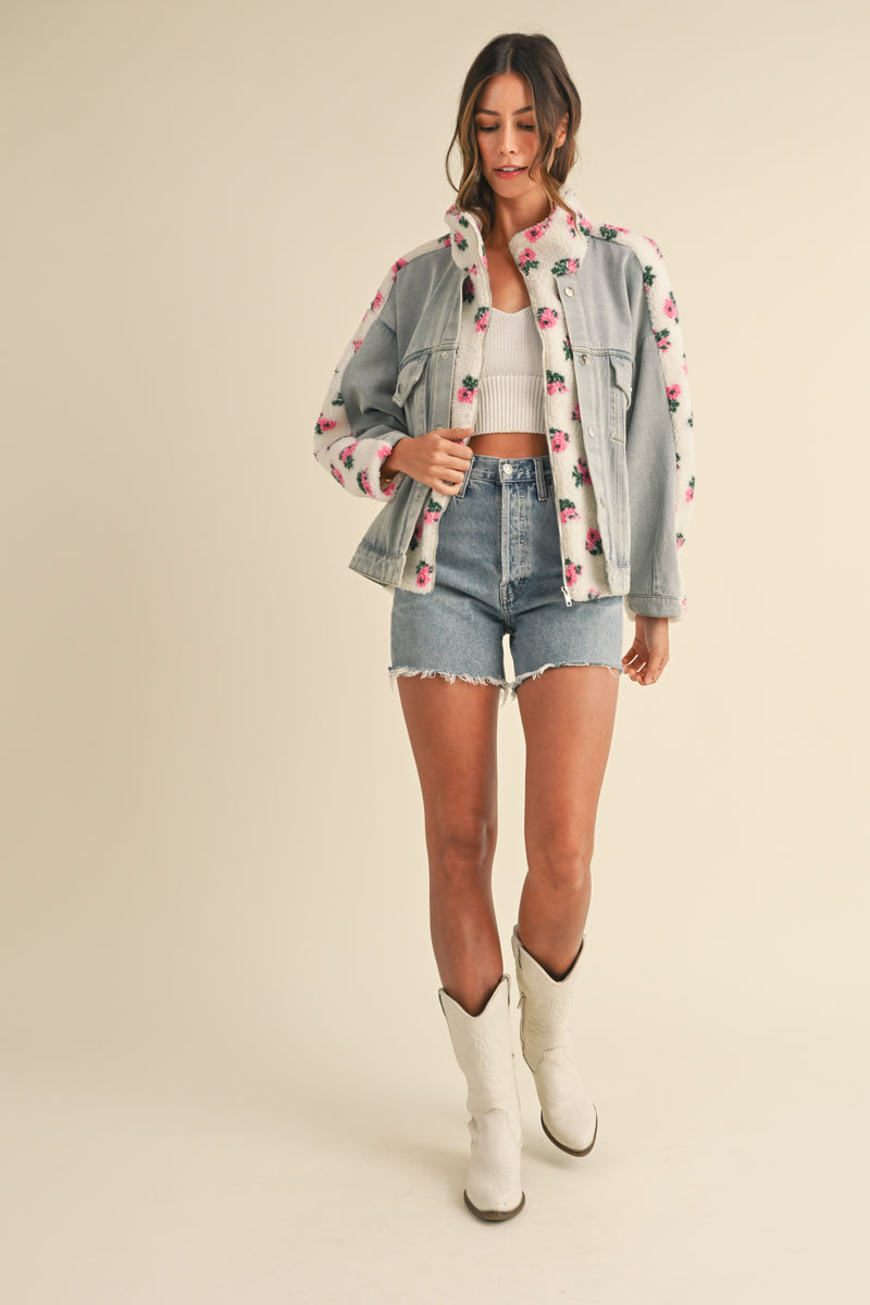 TARA FLORAL SHEARLING DENIM JACKET