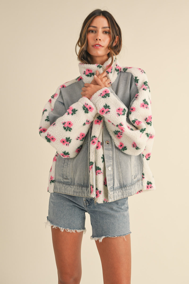 TARA FLORAL SHEARLING DENIM JACKET