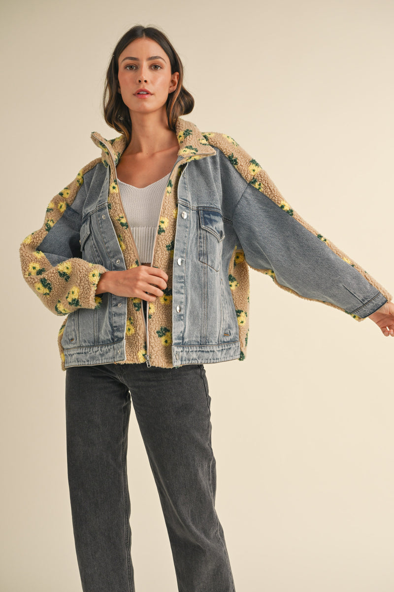 TARA FLORAL SHEARLING DENIM JACKET