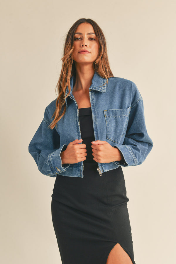 ABBEY FRONT ZIP UP DENIM CROPPED JACKET