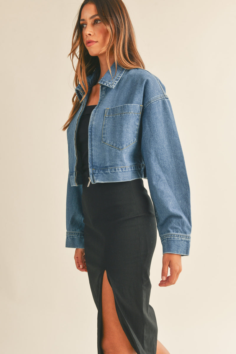 ABBEY FRONT ZIP UP DENIM CROPPED JACKET