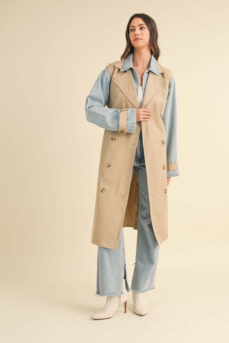 YARIEL LAYERED LOOK TRENCH COAT WITH DENIM JACKET