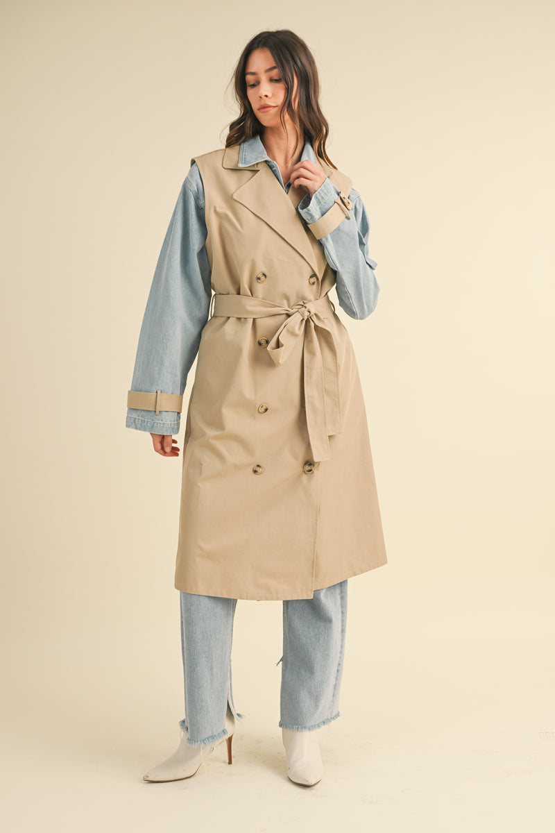 YARIEL LAYERED LOOK TRENCH COAT WITH DENIM JACKET