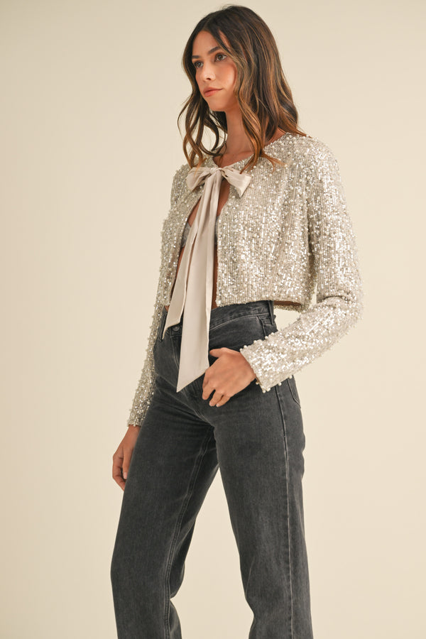 MALIA PEARL AND SEQUINS BOW TIED CROP JACKET