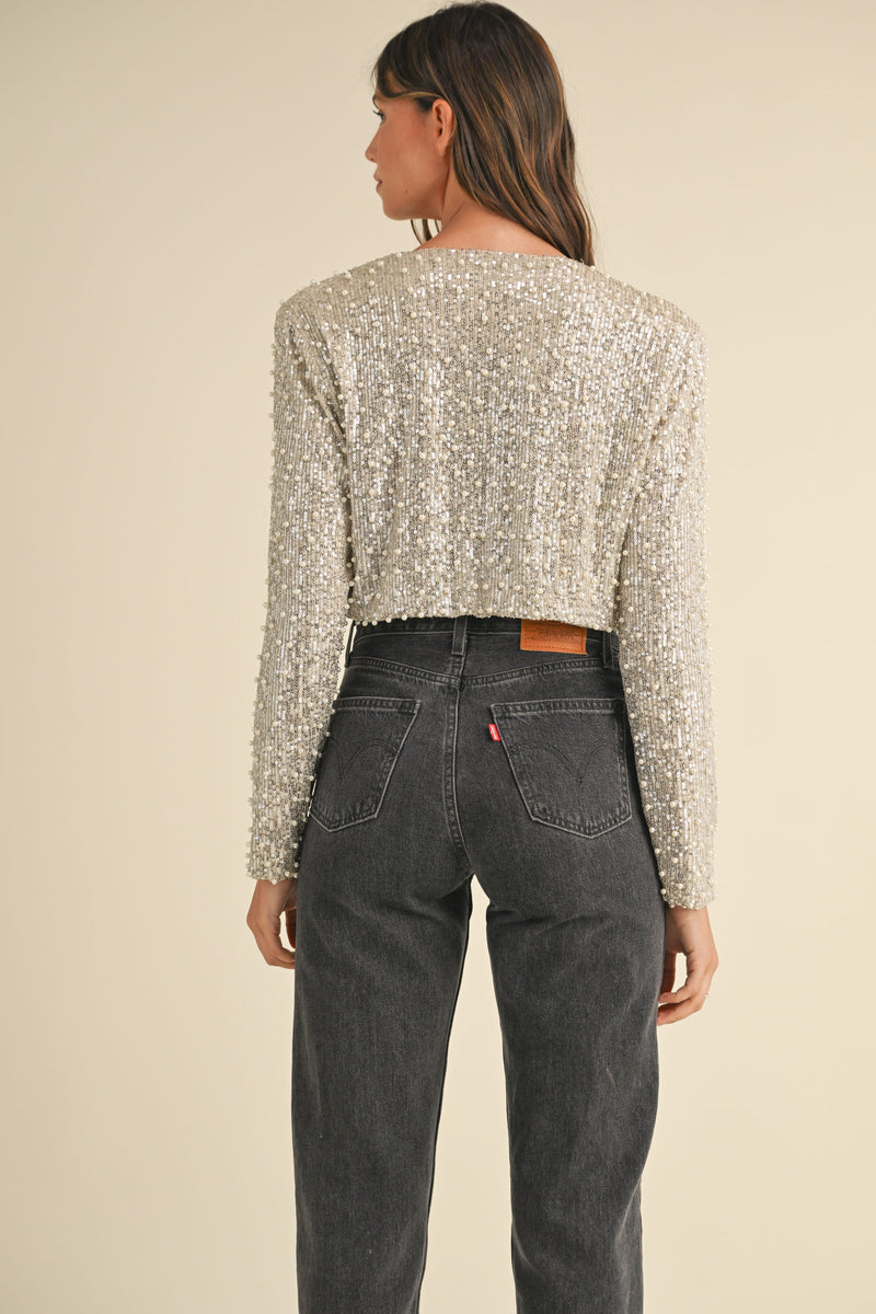 MALIA PEARL AND SEQUINS BOW TIED CROP JACKET