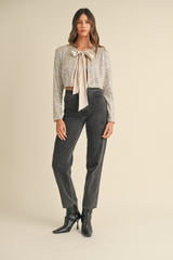 MALIA PEARL AND SEQUINS BOW TIED CROP JACKET