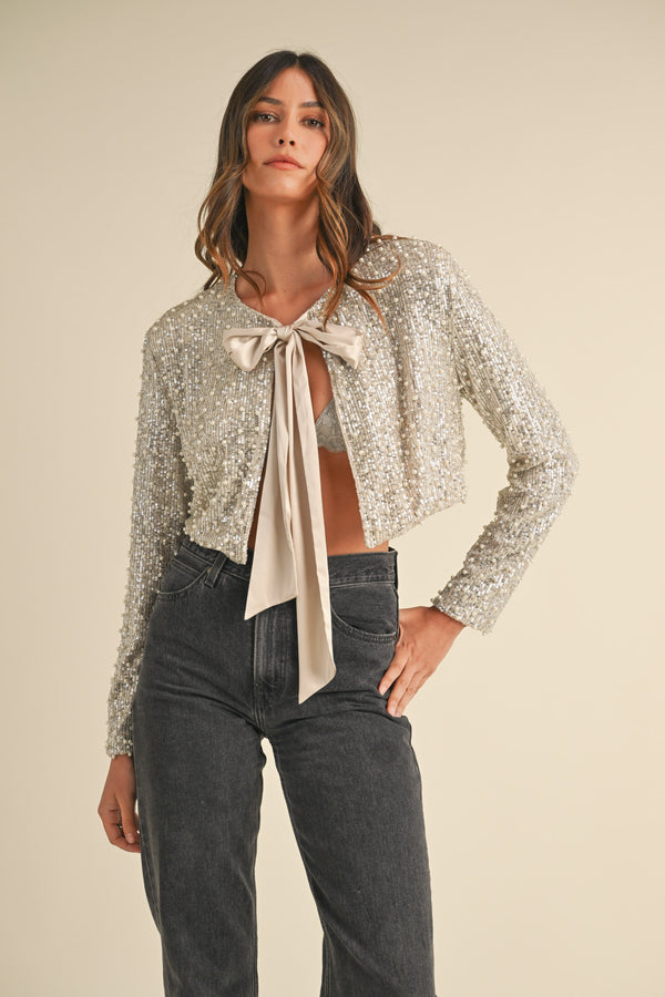 MALIA PEARL AND SEQUINS BOW TIED CROP JACKET