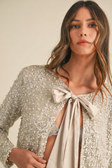 MALIA PEARL AND SEQUINS BOW TIED CROP JACKET