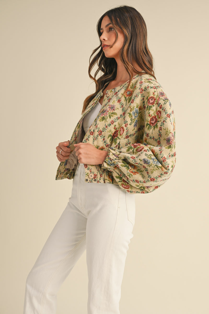 JENOVA FLORAL TAPESTRY FABRIC QUILTED BOMBER JACKET