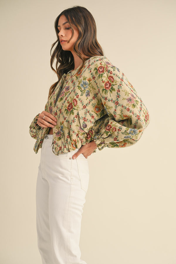 JENOVA FLORAL TAPESTRY FABRIC QUILTED BOMBER JACKET