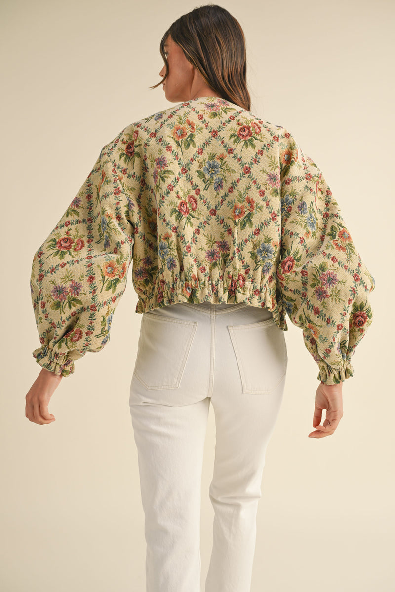 JENOVA FLORAL TAPESTRY FABRIC QUILTED BOMBER JACKET