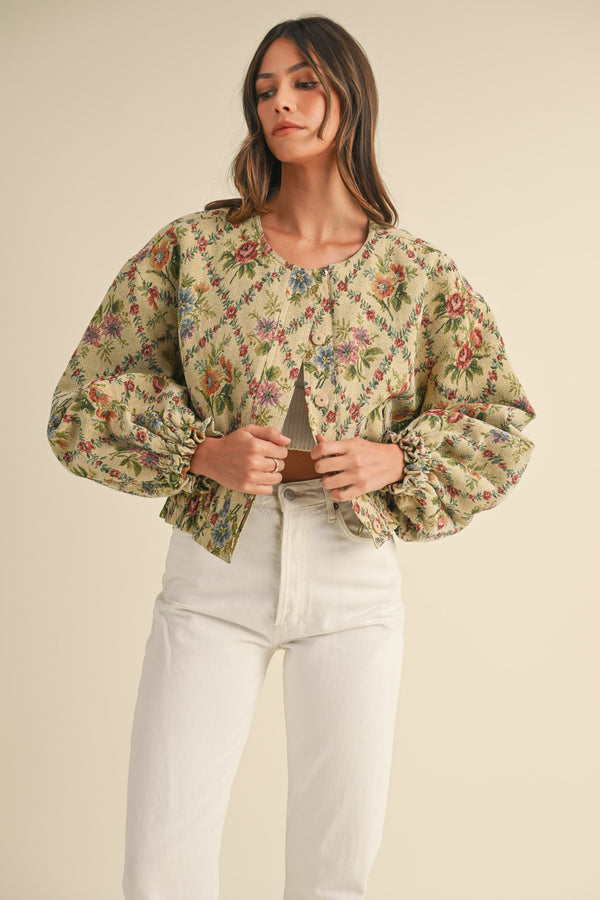 JENOVA FLORAL TAPESTRY FABRIC QUILTED BOMBER JACKET