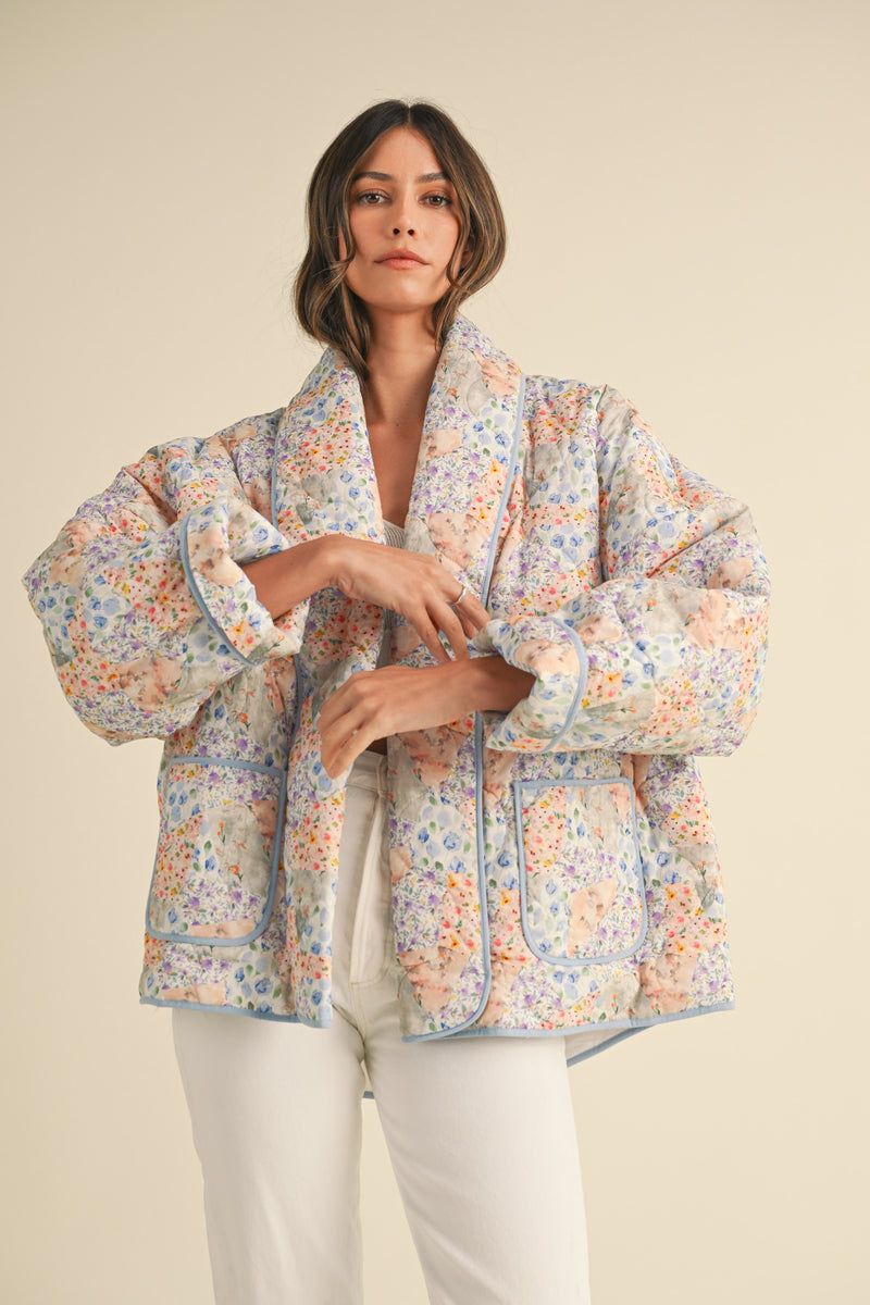 CLAIRISSA PATCHWORK FEELING FLORAL PRINT QUILTED JACKET