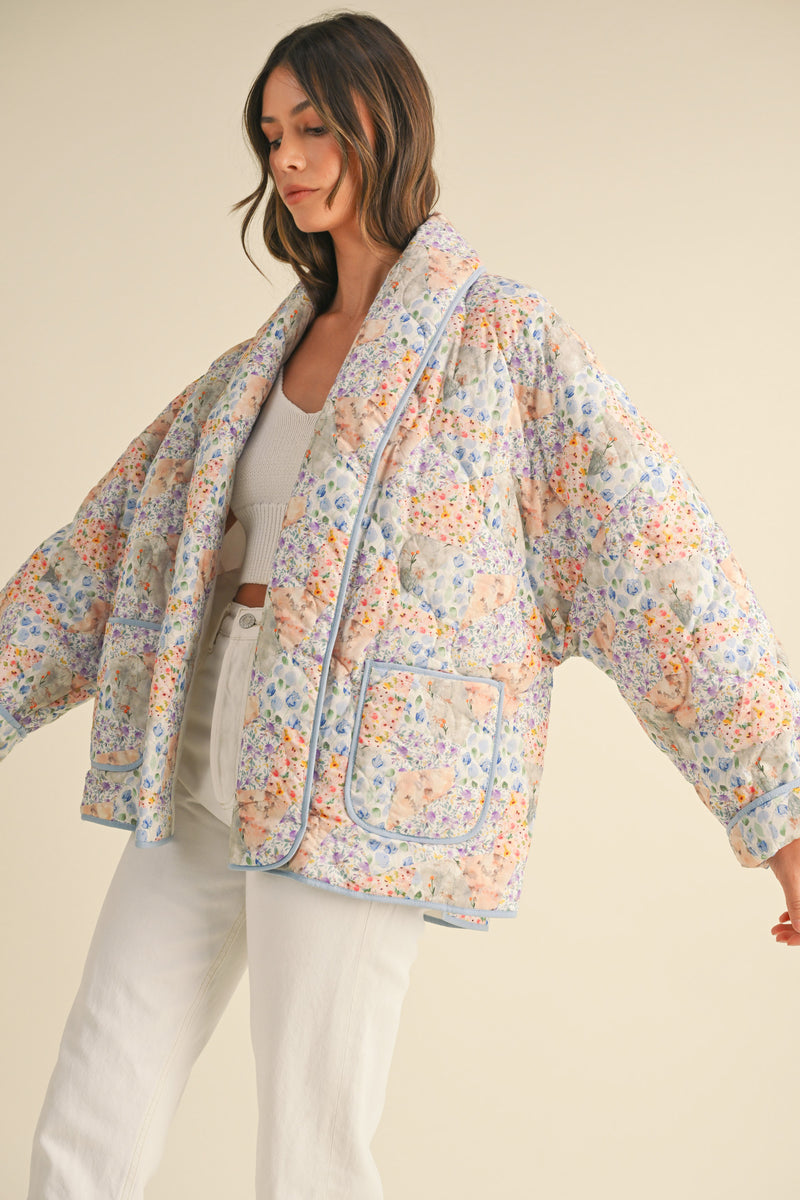 CLAIRISSA PATCHWORK FEELING FLORAL PRINT QUILTED JACKET