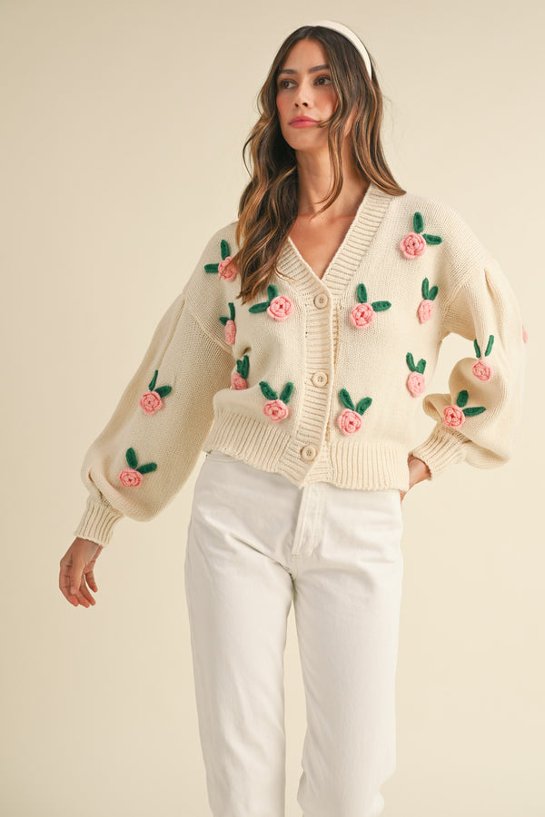 VELINA ROSE APPLIQUE CHUNKY CARDIGAN