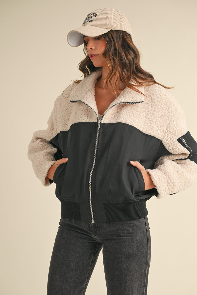 PELAGIA SHEARLING CONTRAST BOMBER JACKET