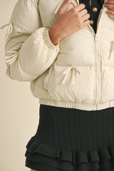 OLIVINE PUFFER JACKET WITH BOW DETAIL