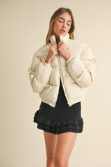 OLIVINE PUFFER JACKET WITH BOW DETAIL