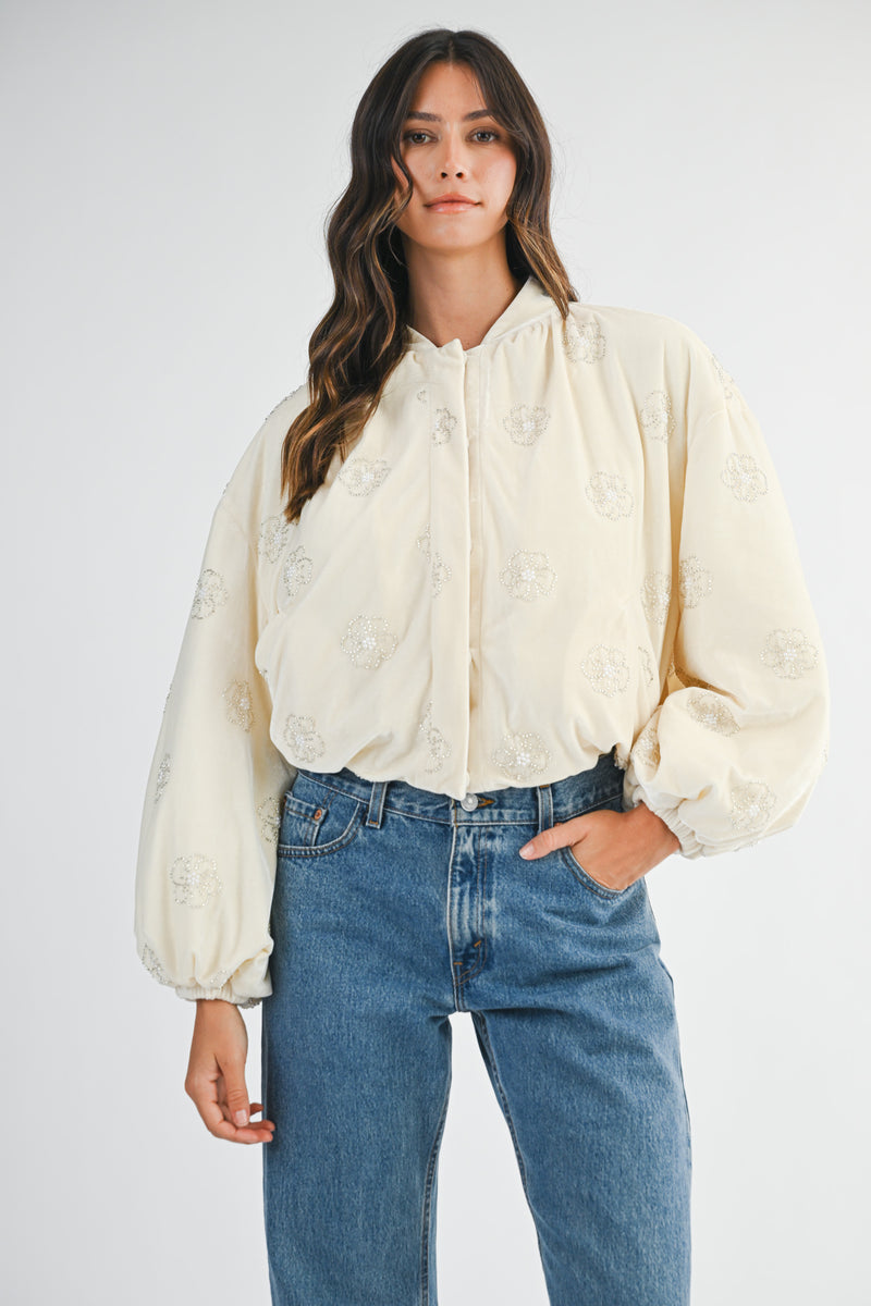 CHARLEIGH BEADED VELVET BOMBER JACKET