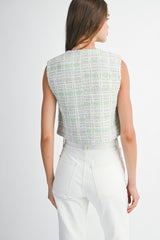 EVONNE TWEED JEWEL BUTTON VEST JACKET