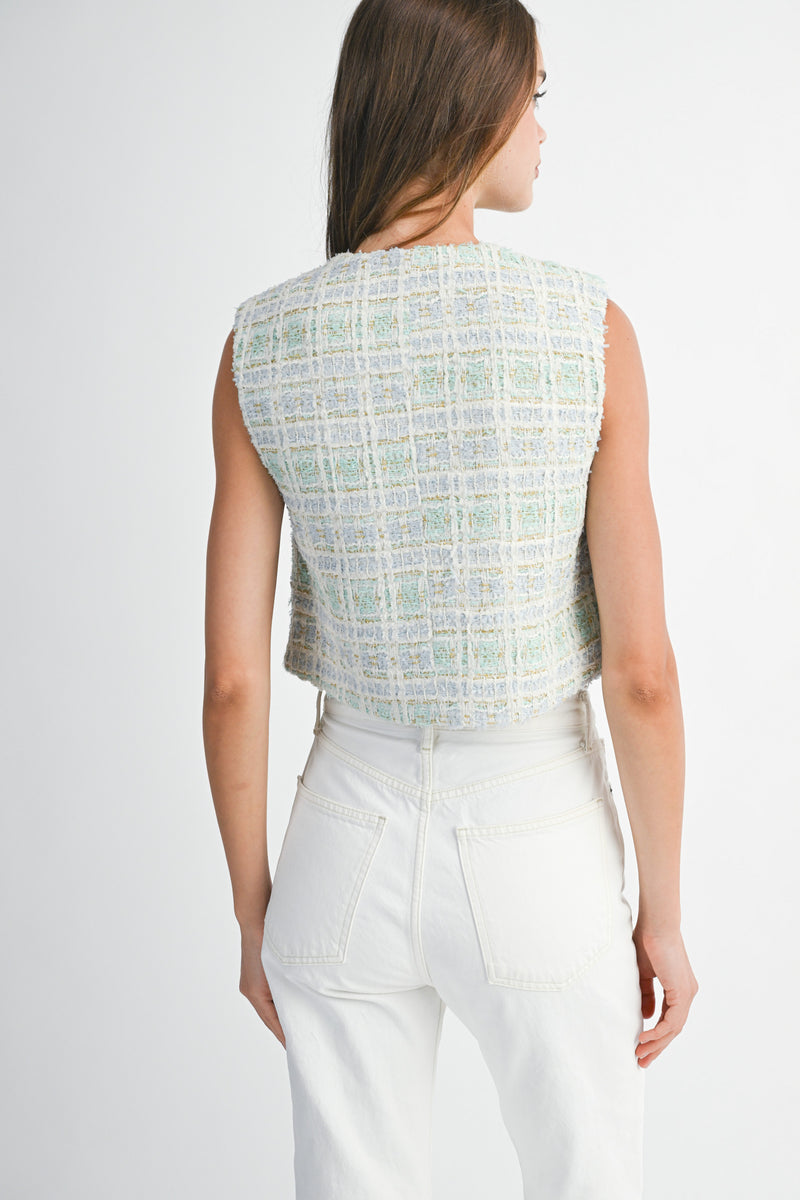 EVONNE TWEED JEWEL BUTTON VEST JACKET