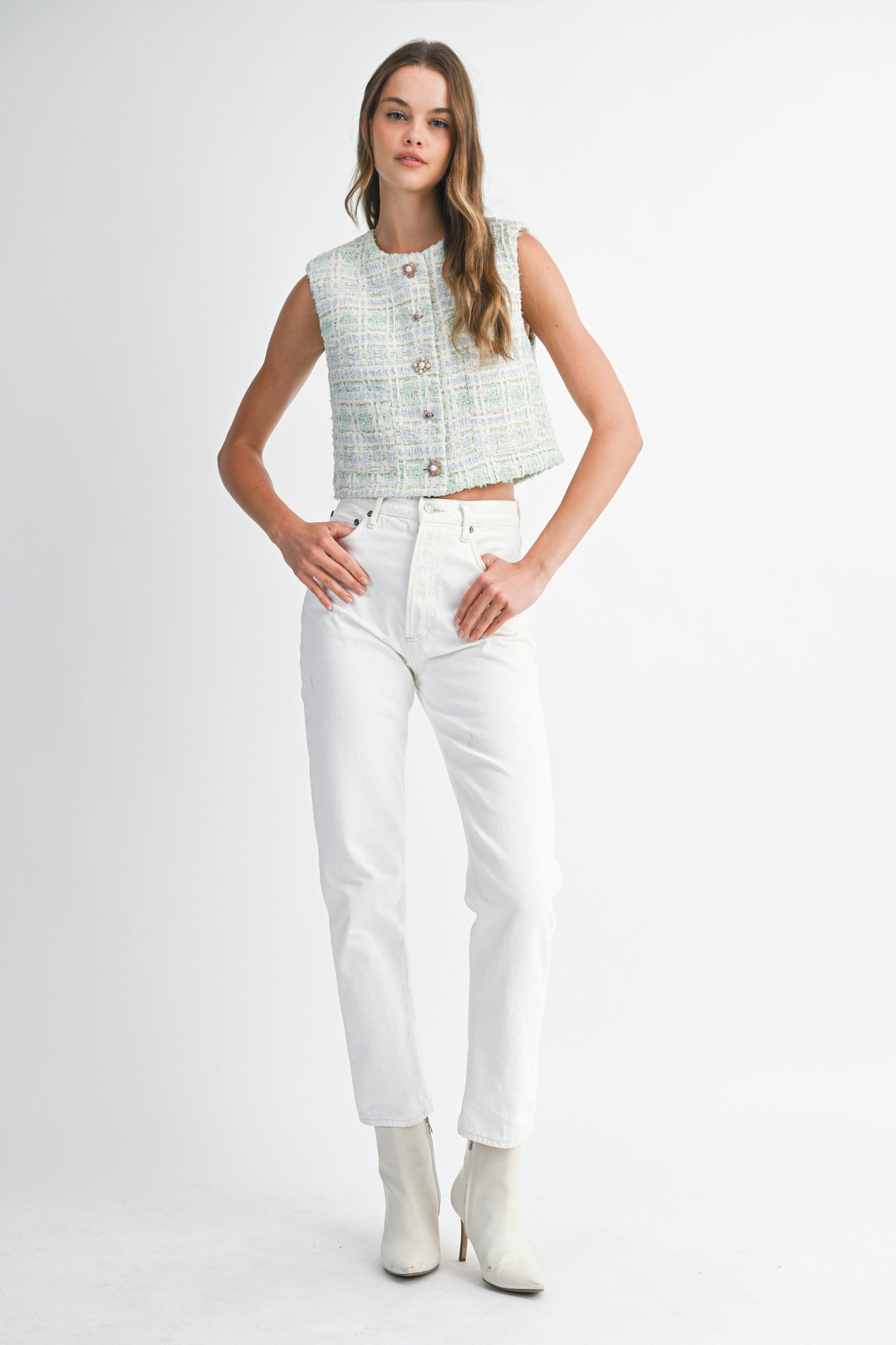 EVONNE TWEED JEWEL BUTTON VEST JACKET – Mable Clothing