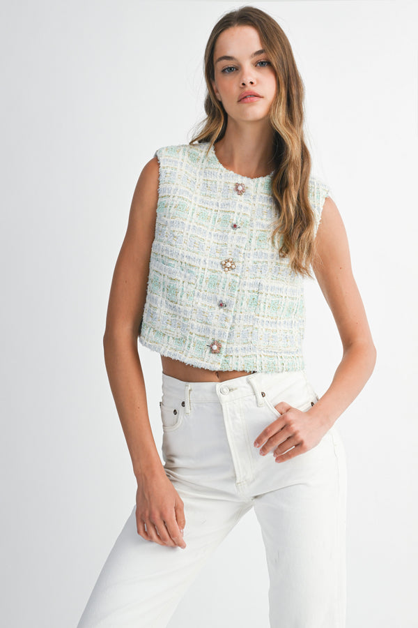 EVONNE TWEED JEWEL BUTTON VEST JACKET