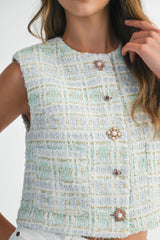 EVONNE TWEED JEWEL BUTTON VEST JACKET