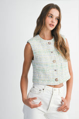 EVONNE TWEED JEWEL BUTTON VEST JACKET