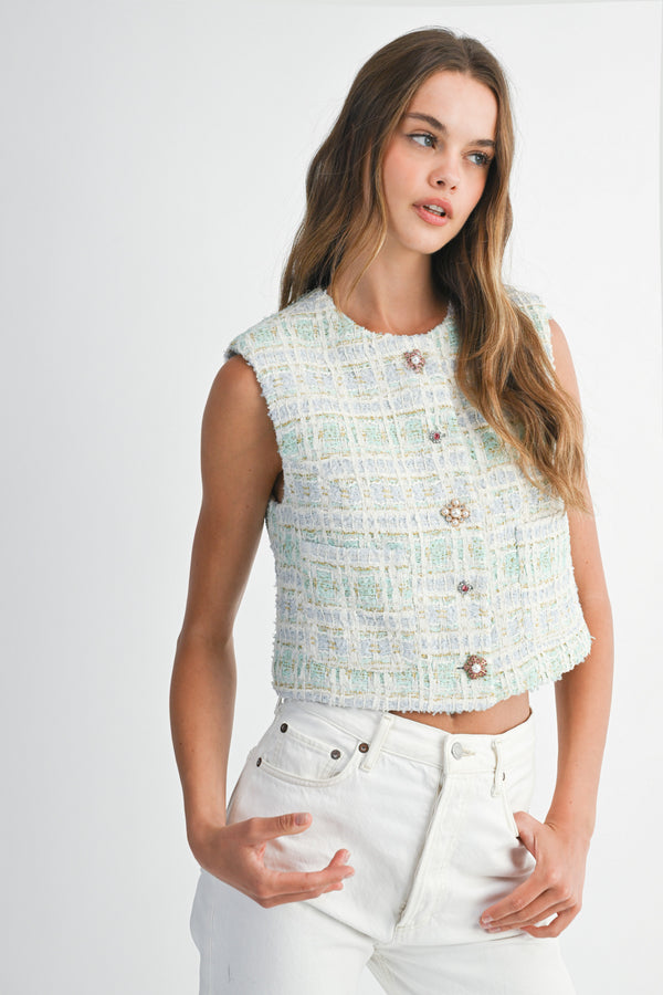 EVONNE TWEED JEWEL BUTTON VEST JACKET