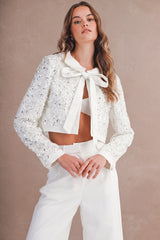 MARIE FLORAL SEQUIN BOW FRONT TIED BLAZER
