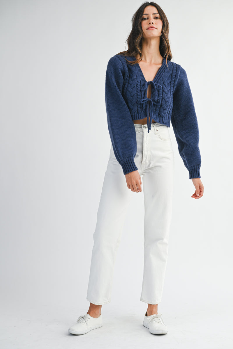 MIKAYLA CABLE KNIT CARDIGAN WITH FRONT TIE