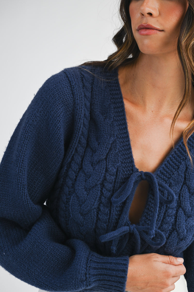 MIKAYLA CABLE KNIT CARDIGAN WITH FRONT TIE