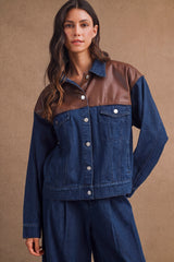 FATIMA OVERSIZED DENIM LEATHER CONTRAST JACKET