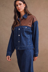 FATIMA OVERSIZED DENIM LEATHER CONTRAST JACKET