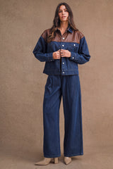 FATIMA OVERSIZED DENIM LEATHER CONTRAST JACKET