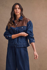 FATIMA OVERSIZED DENIM LEATHER CONTRAST JACKET