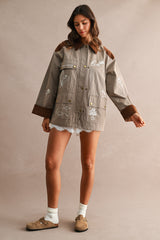 ABBEY EMBROIDERED CONTRAST COLLAR TWILL JACKET