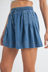 MADELENE PLEATED CHAMBRAY SHORTS