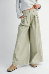 ILSA PLEATED WASHED TWILL WIDE LEG PANTS