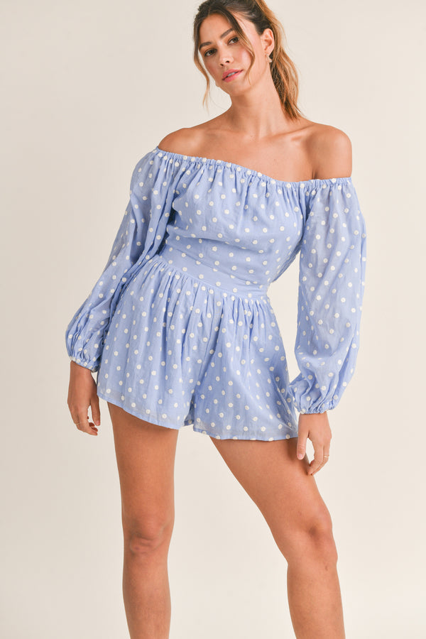 LOLANTHE DOTTED OFF SHOULDER ROMPER
