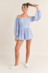 LOLANTHE DOTTED OFF SHOULDER ROMPER