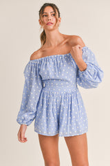 LOLANTHE DOTTED OFF SHOULDER ROMPER