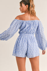 LOLANTHE DOTTED OFF SHOULDER ROMPER