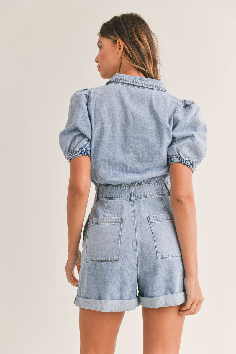 CAPRICE PUFF SLEEVE DENIM ROMPER