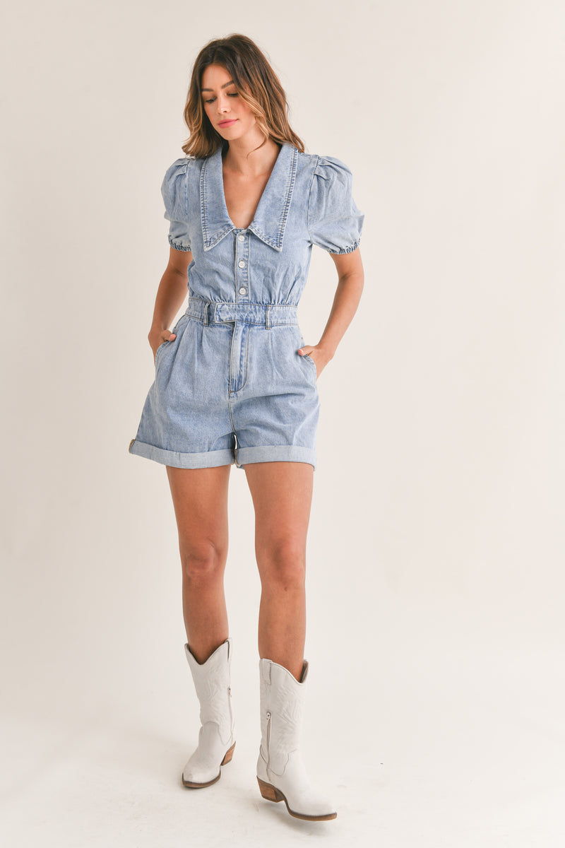 CAPRICE PUFF SLEEVE DENIM ROMPER