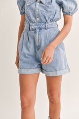 CAPRICE PUFF SLEEVE DENIM ROMPER