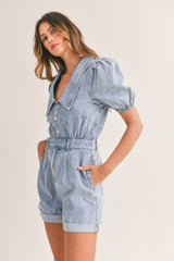 CAPRICE PUFF SLEEVE DENIM ROMPER